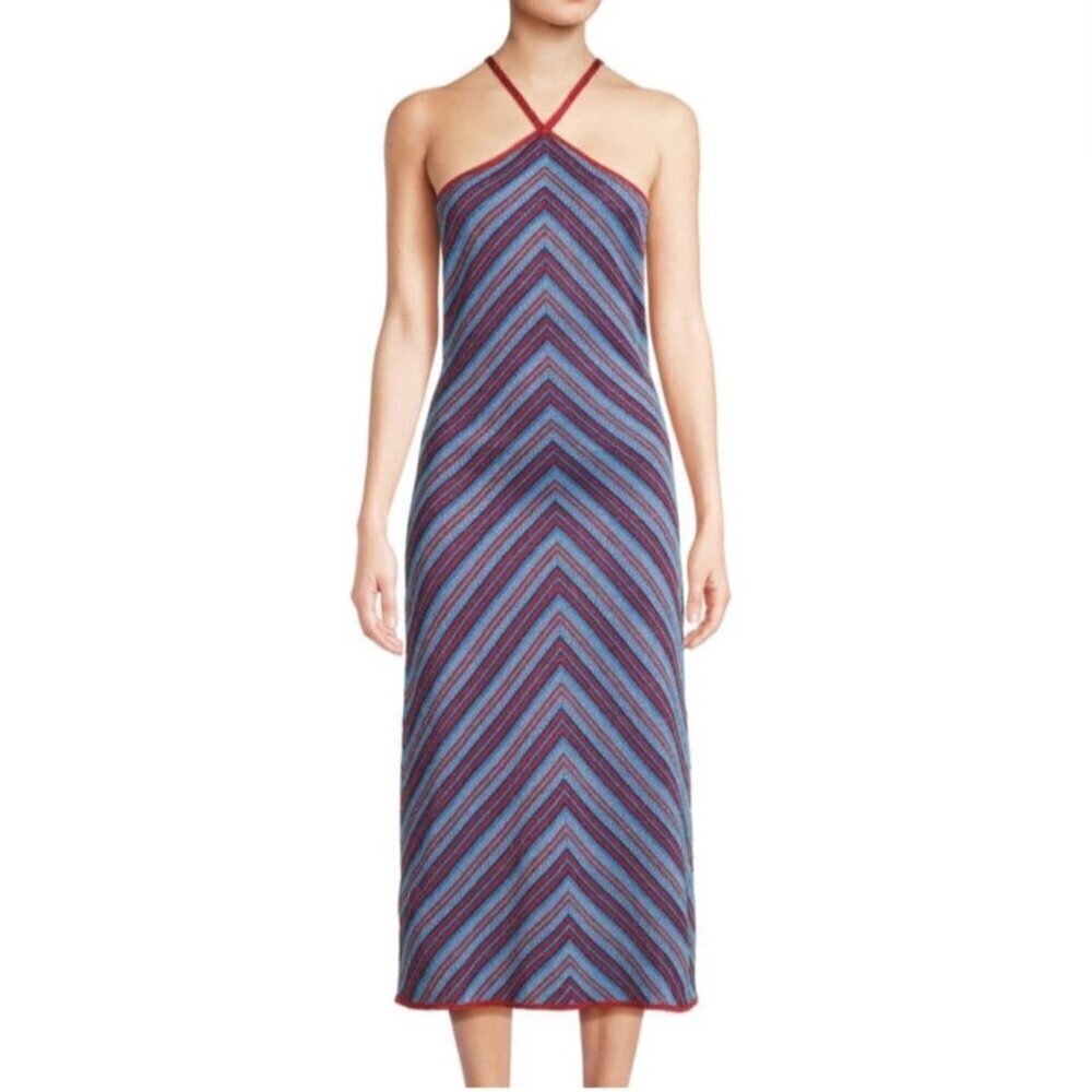 MISA LOS ANGELES DRESS Knit Halter Midi Red & Blue Metallic Sz L - Picture 6 of 13